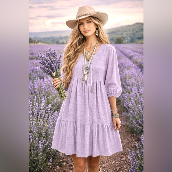 Lavender fields eye lit boho prairie dress w cotta-core shabby chic vibe - Picture 2 of 13